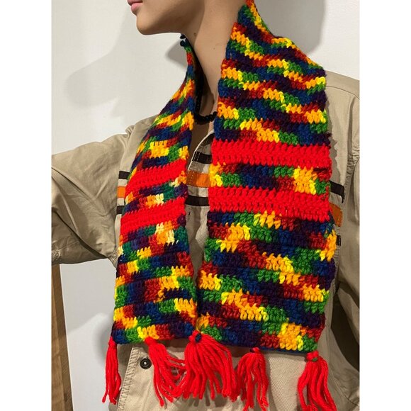 Handmade Rainbow Crochet Scarf With Red Tassels - Picture 2 of 3